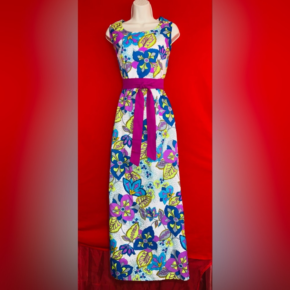 70s Flower Power Vintage Maxi Dress Small S Purple & White S Vtg
